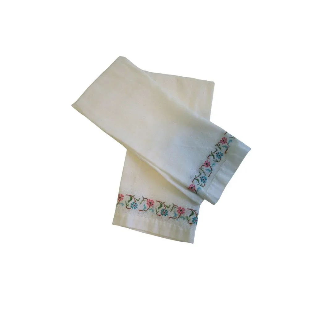 Vintage Hand Embroidered Guest Tea Hand Towels Pink Blue Floral Minor Age Stains